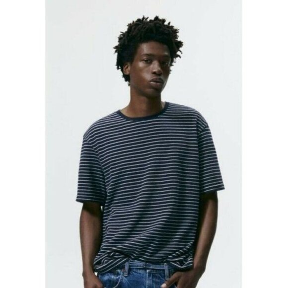 Zara MEN STRIPED ROUND NECK T-SHIRT NAVY/WHITE short s 90%cotton New - Picture 1 of 11